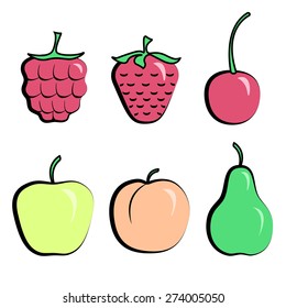 Set of simple vector berries and fruits in color:strawberry, raspberry, apple, peach. Vector illustration