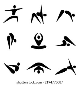 Set of simple vector black icons with yoga poses in the style of oriental hieroglyphs