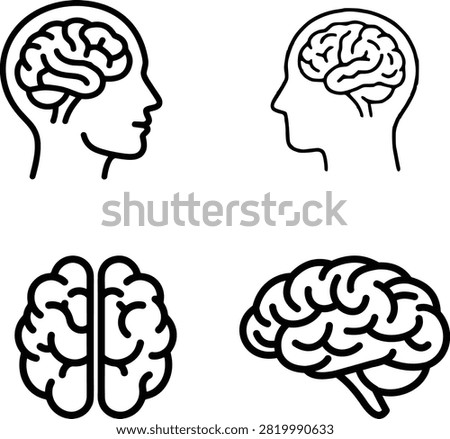 Set of simple vector brain diagrams showing profiles and top views. Ideal for medical educational or cognitive science concepts. Clear minimalist graphic.