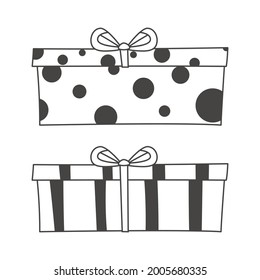 Set of simple vector cartoon icons. Collection of gift boxes for the holiday with ribbon and bow. Decoration with wrapping paper.