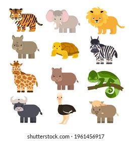 Set of simple vector cartoon isolated Savannah animals in flat style. Tiger, lion, rhinoceros, common warthog, African buffalo, tortoise, chameleon zebra ostrich, elephant, giraffe, hippo for children