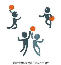 Set of simple vector characters playing basketball