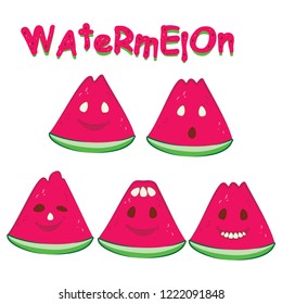 A set of simple vector characters - slices of watermelon with different expressive emotions and decorative inscription.