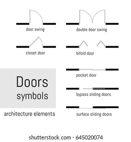 Set of simple vector door, sliding doors. Top view, construction symbols used in architecture plans, blueprints, graphic design elements. Vector illustration.