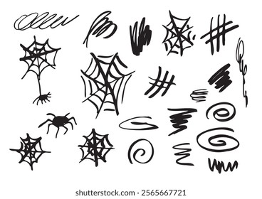 A set of simple vector drawings by hand in a cartoon style, with simple black lines highlighted on a white background, including cobwebs and random doodles