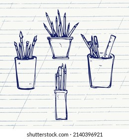 A set of simple vector drawings of a jar of stationery for school and office. Vector elements of school and office supplies.