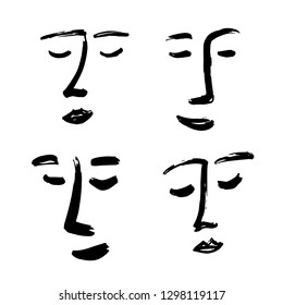 Set of simple vector hand drawn faces painted with brush. Modern line portrait art. Isolated black and white print for cloth, textile, etc. Hand drawn clip art. Trendy design elements.