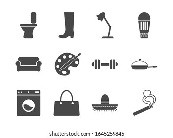 A set of simple vector icons for consumer goods. Commodities. Toilet. Boot. Table electric lamp. Bulb. Sofa. Dumbbell. Pan. Sombrero. Cigar. Bag. Washer. Palette.