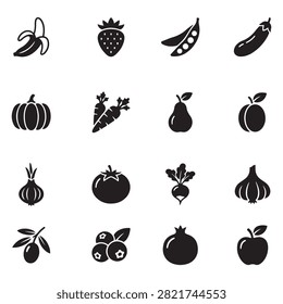 Set of simple vector icons depicting various fresh fruits and vegetables for healthy meals.