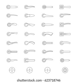 Set of simple vector icons as design elements - metal door handles and door locks. Doorknob and handles of the door different forms. Isolated on a white background. Vector illustration.