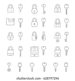 Set of simple vector icons as design elements - metal locks and keys. Security. Isolated on a white background. Vector illustration. Colors are easy to customize.