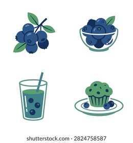 Set of simple vector icons featuring fresh ripe blueberries