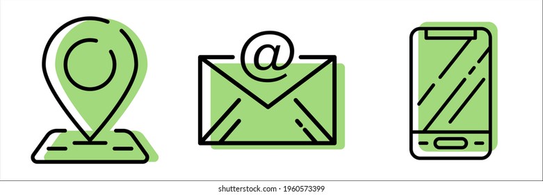 Set of simple vector icons in green, communication icon, geolocation, marker drawing on the map. Linear icon of email, phone.