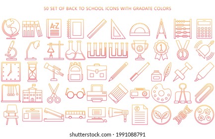 Set of Simple Vector Icons Line gradation back to school. Contains Icons like school bag, book, chemistry. chemistry, mathematics and others. 512x512 pixels EPS 10 ready to convert to SVG