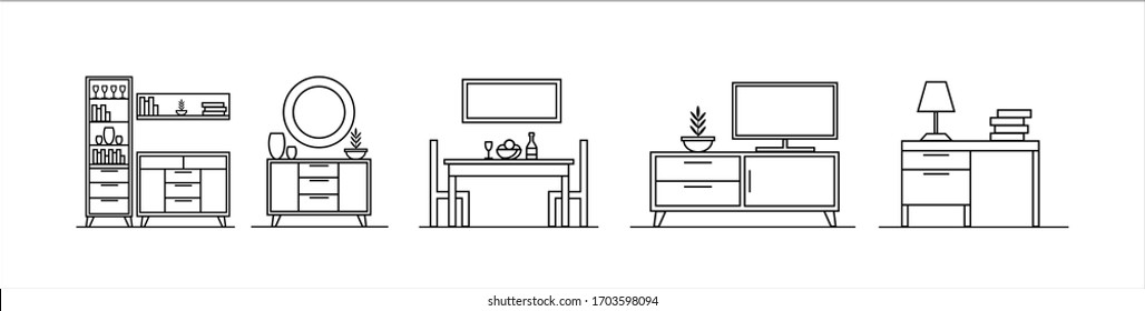 Set of simple vector icons, linear furniture icons, desk, workplace, dining table, dining room, library, chest of drawers for the bedroom, cabinet for storing things, books. Linear logo.