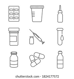 Set of simple vector icons of medical drugs and bottles. Pills and injection on a white background. Editable stroke.