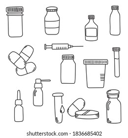 Conjunto de simples iconos vectoriales de medicamentos y botellas. Píldoras e inyección en una mano de fondo blanca dibujada. Trazo editable.