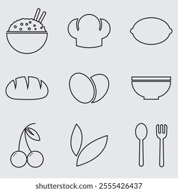 Set of simple vector icons on the theme of food and kitchen. vector outline illustration and silhouette