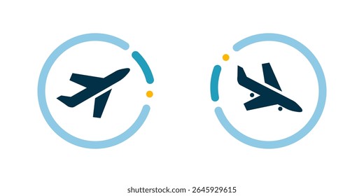 Conjunto de ícones vetoriais simples que mostram as partidas e chegadas do avião. Inclui a descolagem e a aterrissagem de aeronaves. Perfeito para projetos de aeroporto, viagens e transporte.
