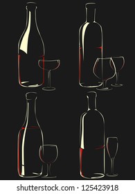 Set of simple vector illustration different glasses and bottle of wine on a black background (in the dark) with shine and reflections(isolated on black).