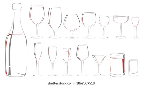 Set of simple vector illustration different wineglasses and glasses with wine on a white background.