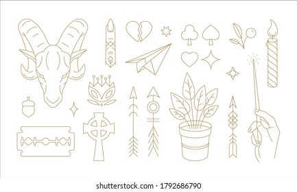 Set of simple vector illustration of various symbols of ancient Celtic religion and enigmatic witchcraft practices drawn with thin lines