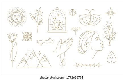 Set of simple vector illustrations of assorted outline symbols and icons created for representation of religion an faith in various cultures