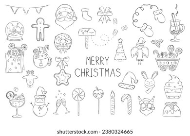 Set of Simple Vector Illustrations of Christmas and New Year in Doodle Style