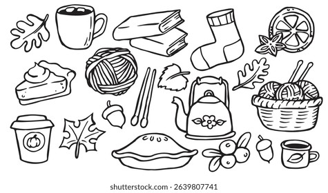 Set of simple vector illustrations in doodle style on the theme of cozy autumn. knitting, books, hot drinks