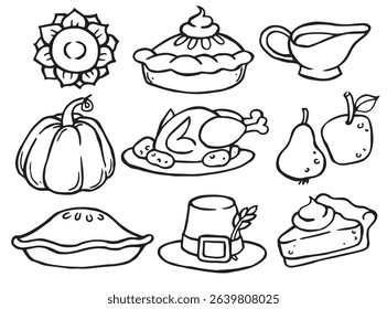 Set of simple vector illustrations in doodle style on the theme of cozy thanksgiving. turkey, pumpkin, pie