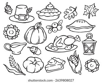 Set of simple vector illustrations in doodle style on the theme of cozy thanksgiving. turkey, pumpkin, pie