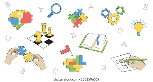 Conjunto de ilustrações vetoriais simples para exercícios cognitivos seniores com quebra-cabeças, jogos de lógica, estimulação cerebral e ferramentas de resolução de problemas