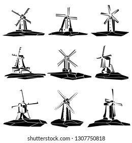 Set of simple vector illustrations: stylized black and white windmill badges.