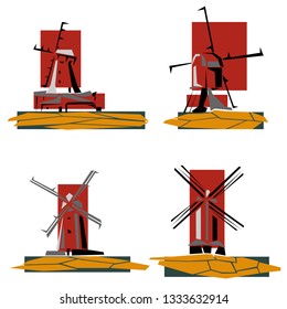 Set of simple vector illustrations, stylized color windmills 