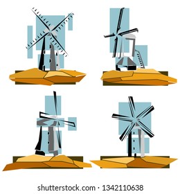 Set of simple vector illustrations, stylized color windmills badges, 4