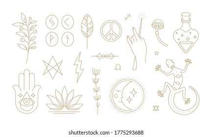 Set of simple vector illustrations of various mystical linear graphic signs symbolizing assorted magic and witchcraft practices and esoteric supplies