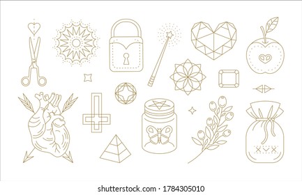 Set of simple vector illustrations of various magic ingredients and symbols drawn with thin lines and created for esoteric practices representation