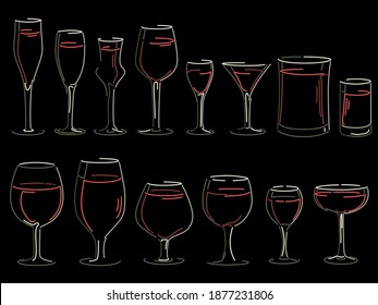 Set of simple vector images of different wineglasses and glasses, filled with wine on a black background (in the dark) with shine and reflections (drawn in art line style).