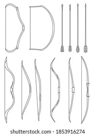 Set of simple vector images of medieval bows and arrows drawn in art line style.