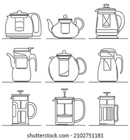 Set of simple vector images of modern glass teapot with strainer (tea mesh infuser) drawn in art line style.