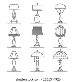 Set of simple vector images of retro table lamps with lampshade drawn in art line style.