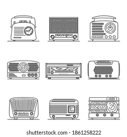 Set of simple vector images of retro radio drawn in art line style.