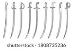 Set of simple vector images of saber swords with decorative hilts drawn in art line style.