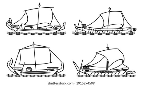 Set of simple vector images of sailing ships of antiquity (Ancient Egypt) drawn in art line style.