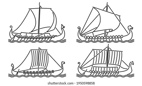 Set of simple vector images of sailing ships of medieval dragonboats (drakkar) drawn in art line style.