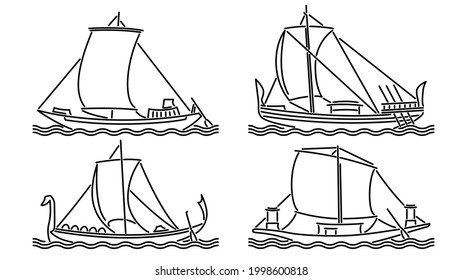 Set of simple vector images of sailing antique ships drawn in art line style.