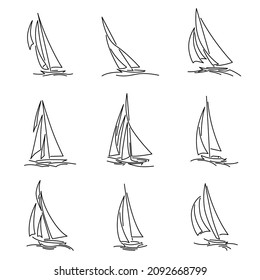 Set of simple vector images of sailing yachts with triangular sails on waves drawn in line style.