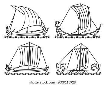 Set of simple vector images of single-masted ships of the early Middle Ages drawn in art line style.