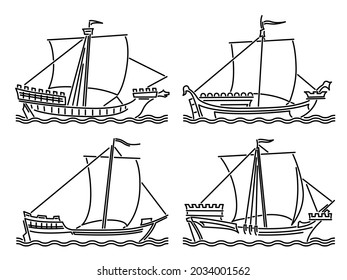 Set of simple vector images of single-masted merchant ships of the early Middle Ages drawn in art line style.