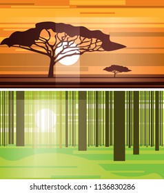 Set of simple vector landscapes. Picturesque graphic illustrations of natural scenery.